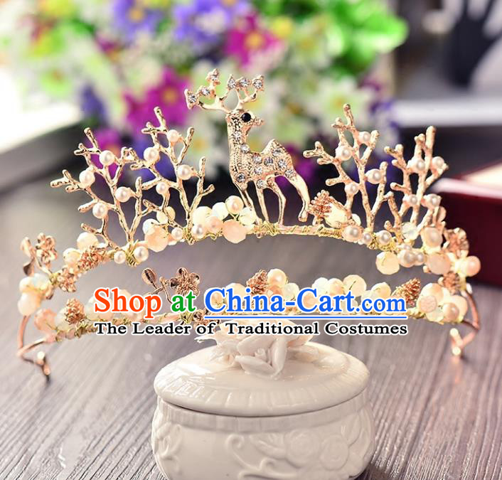 Top Grade Handmade Chinese Classical Hair Accessories Princess Wedding Baroque Golden Deer Hair Clasp Headband Bride Headwear for Women