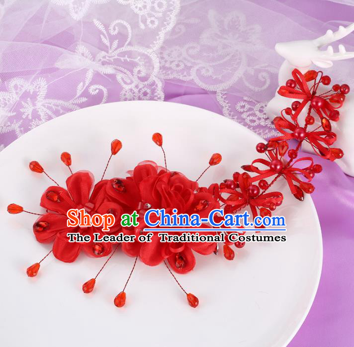 Top Grade Handmade Chinese Classical Hair Accessories Princess Wedding Xiuhe Suit Red Flowers Hair Stick Bride Headband Headwear for Women