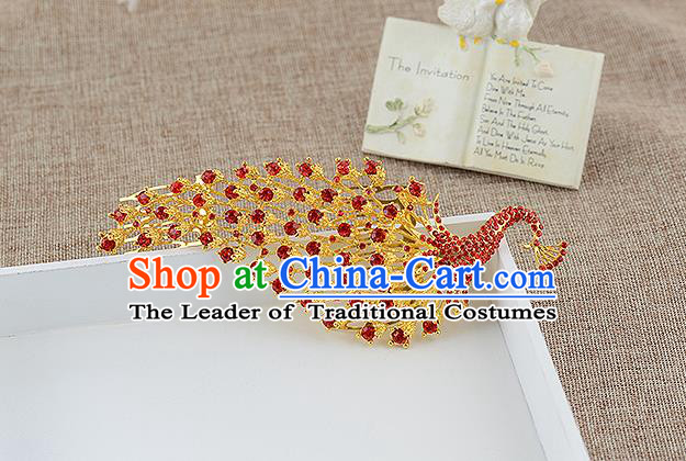 Top Grade Handmade Hair Accessories Baroque Luxury Red Crystal Peacock Hair Stick, Bride Wedding Hair Kether Jewellery Princess Imperial Crown for Women