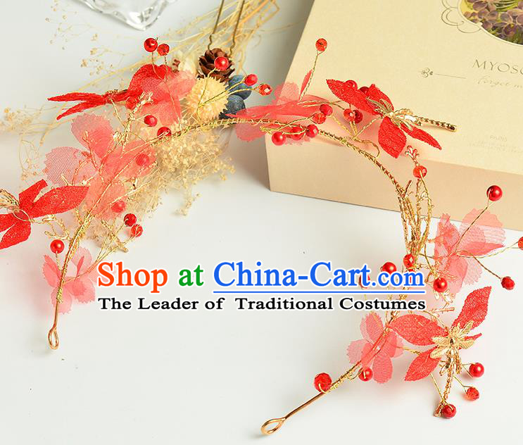 Top Grade Handmade Chinese Classical Hair Accessories Princess Wedding Baroque Red Flowers Dragonfly Hair Clasp Bride Headband for Women