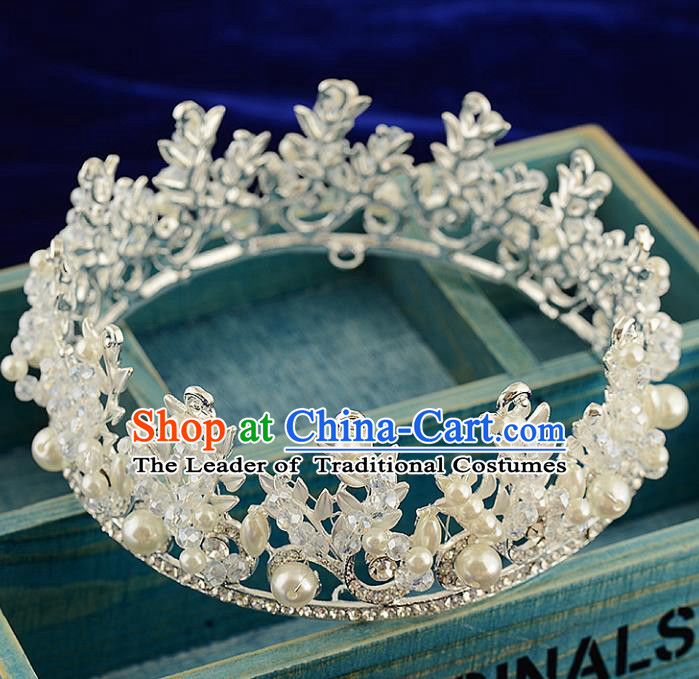 Top Grade Handmade Hair Accessories Baroque Luxury Crystal Pearls Round Royal Crown, Bride Wedding Hair Kether Jewellery Princess Imperial Crown for Women