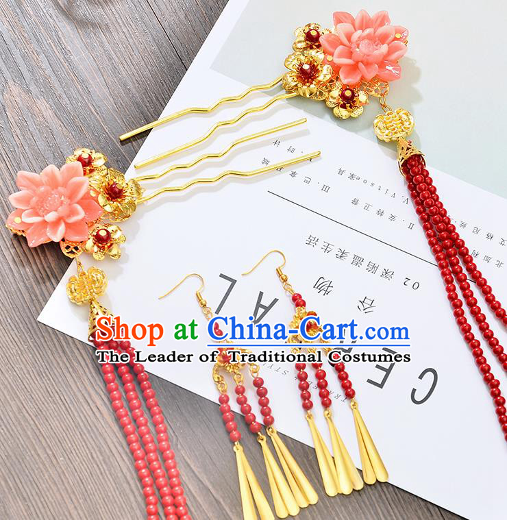 Traditional Handmade Chinese Ancient Costume Wedding Xiuhe Suit Hair Accessories Red Beads Tassel Hairpins, Bride Palace Lady Step Shake Hanfu Hairpins for Women