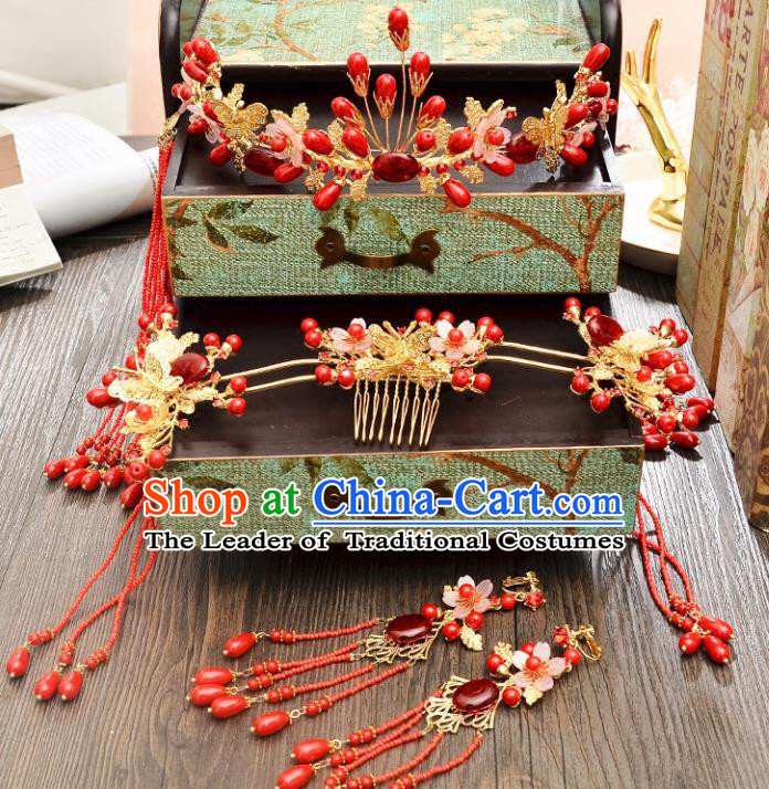 Traditional Handmade Chinese Ancient Wedding Xiuhe Suit Hair Accessories Red Tassel Hair Clasp, Bride Palace Lady Step Shake Hanfu Hairpins for Women