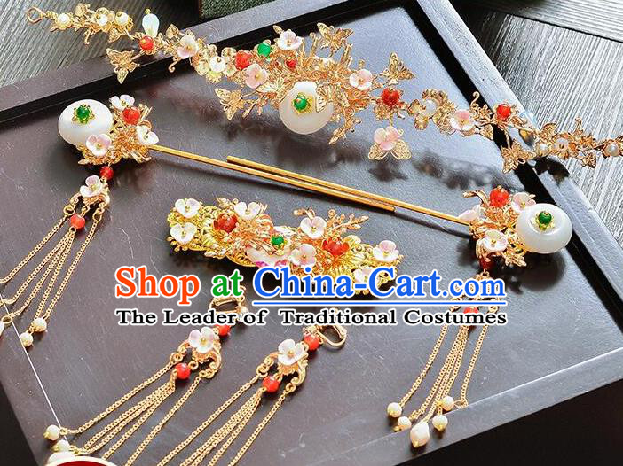 Traditional Handmade Chinese Ancient Costume Wedding Xiuhe Suit Bride Jade Phoenix Coronet Hair Accessories Complete Set, Step Shake Hanfu Hairpins for Women