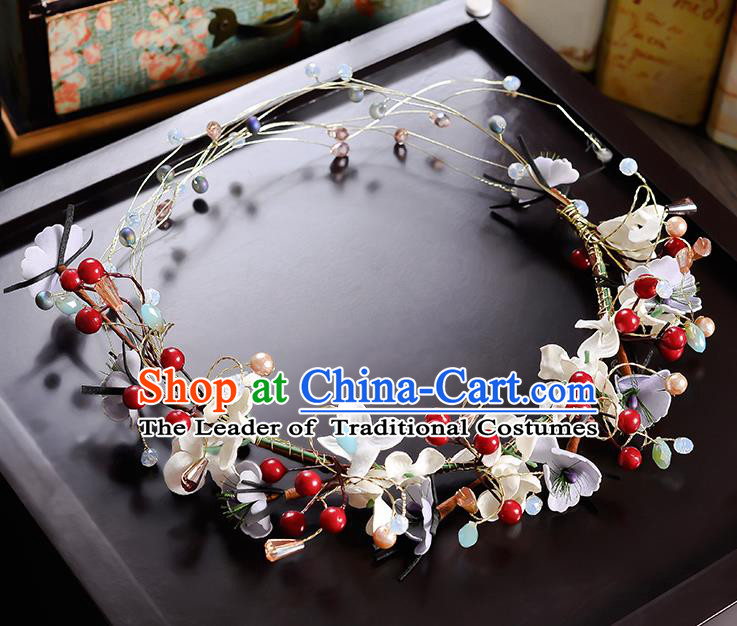 Top Grade Handmade Chinese Classical Hair Accessories Princess Wedding Baroque Red Beads Flowers Garland Hair Clasp Headband Bride Headband for Women