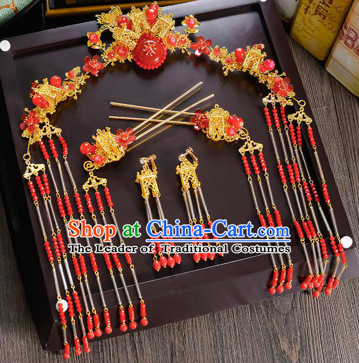 Traditional Handmade Chinese Ancient Costume Wedding Xiuhe Suit Bride Red Beads Tassel Phoenix Coronet Hair Accessories Complete Set, Step Shake Hanfu Hairpins for Women