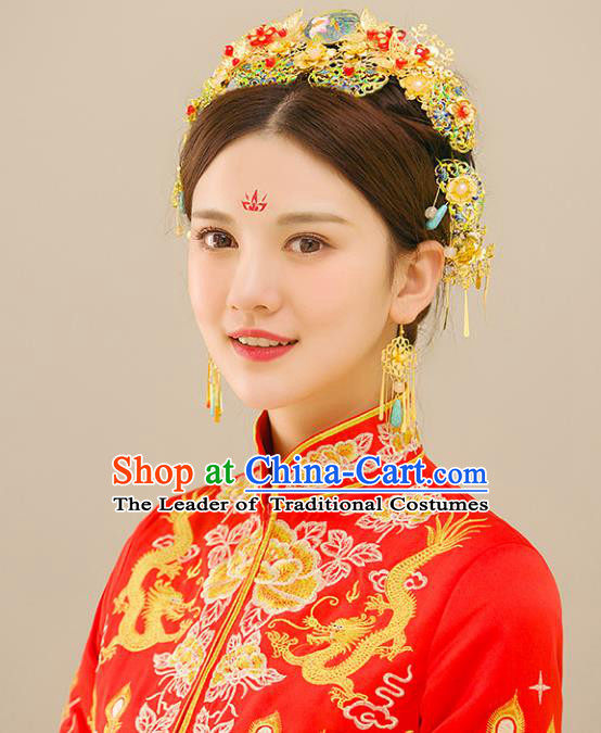 Traditional Handmade Chinese Wedding Xiuhe Suit Bride Blueing Tassel Phoenix Coronet Hair Accessories Complete Set, Step Shake Hanfu Hairpins for Women