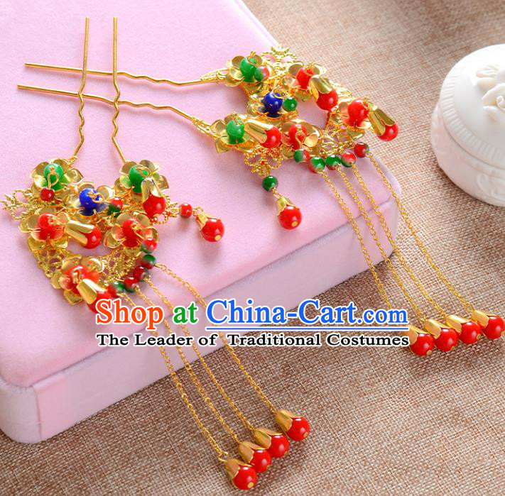 Traditional Handmade Chinese Wedding Xiuhe Suit Bride Hair Accessories Tassel Hairpins, Step Shake Hanfu Hairpins for Women