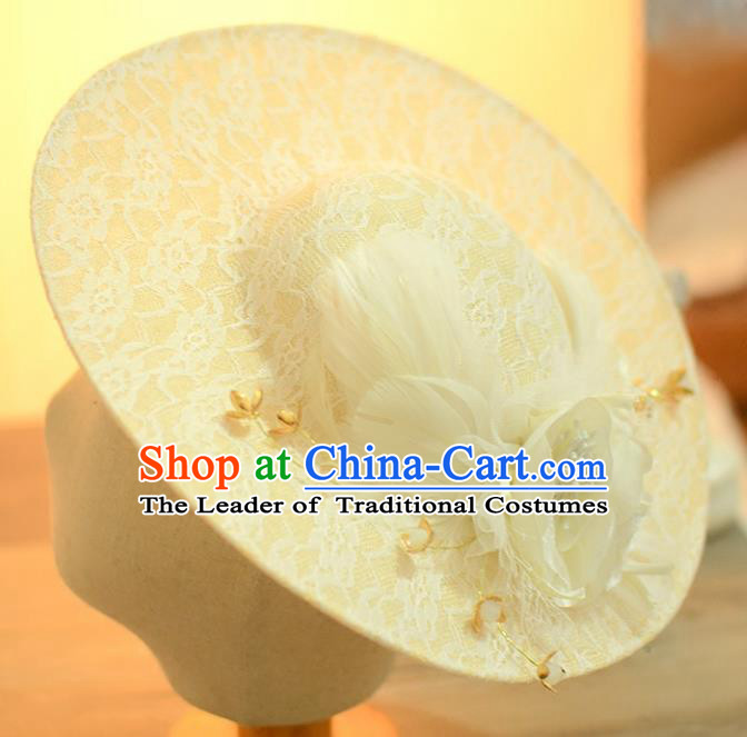 Top Grade Handmade Chinese Classical Hair Accessories Princess Wedding Baroque Hat Headwear Beige Flowers Feather Top Hat for Women