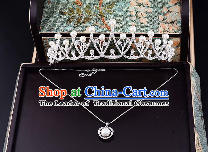 Top Grade Handmade Chinese Classical Jewelry Accessories Wedding Crystal Pearls Royal Crown and Necklace Earrings Bride Hanfu Headgear for Women