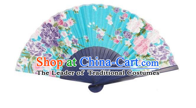 Traditional Chinese Crafts Silk Folding Fan China Sensu Japan Printing Flowers Dance Blue Accordion Fan for Women