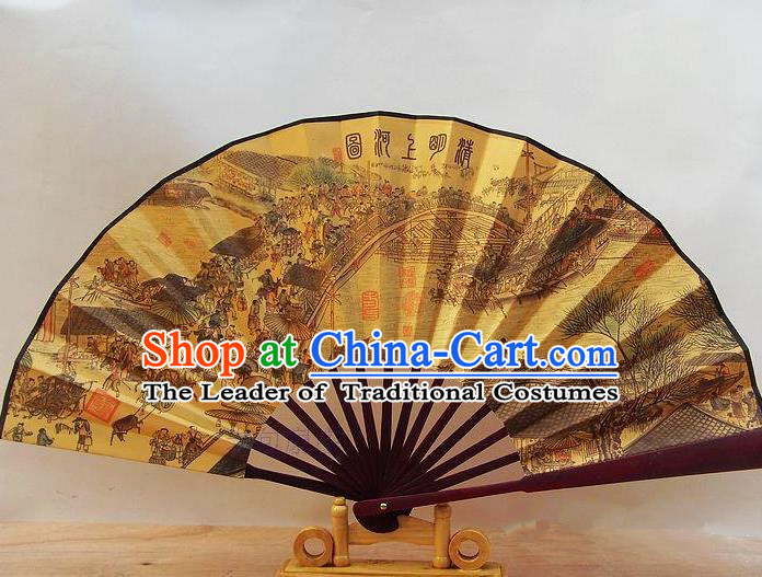 Traditional Chinese Crafts Peking Opera Folding Fan China Sensu Printing Riverside Scene at Qingming Festival Accordion Silk Fan for Men