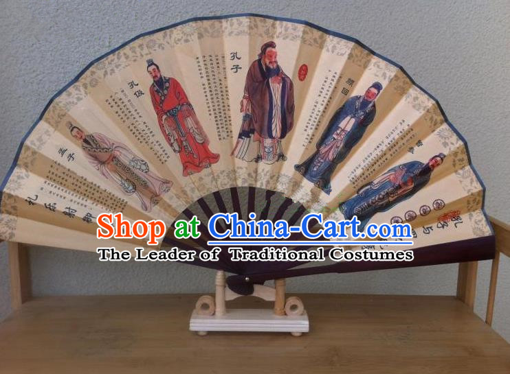 Traditional Chinese Crafts Silk Folding Fan China Sensu Ink Painting Confucius Accordion Fan for Men