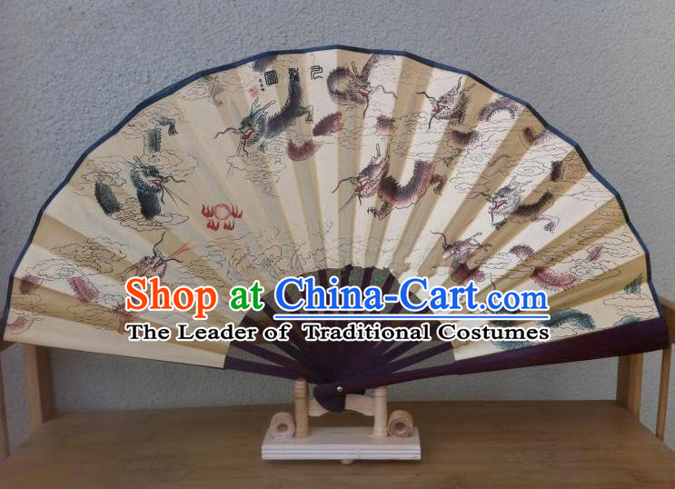 Traditional Chinese Crafts Silk Folding Fan China Sensu Ink Painting Nine Dragons Accordion Fan for Men