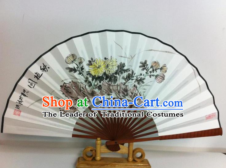 Traditional Chinese Crafts Peking Opera Folding Fan China Sensu Printing Chrysanthemum White Paper Fan for Women