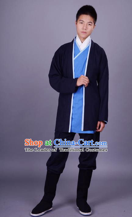 Traditional Chinese Han Dynasty Nobility Childe Hanfu Costume Slant Opening Blue Shirt and Cardigan, China Ancient Martial Arts Upper Garment Clothing for Men