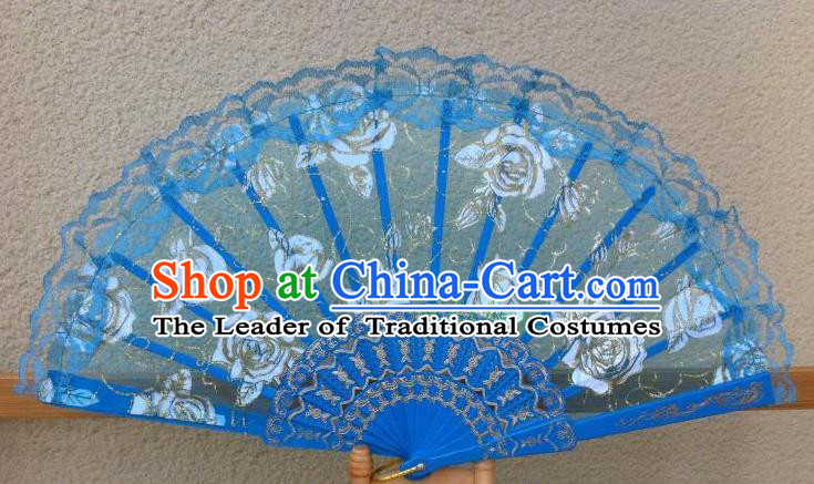 Traditional Chinese Crafts Peking Opera Folding Fan China Sensu Handmade Rose Chinese Dance Blue Lace Fan for Women