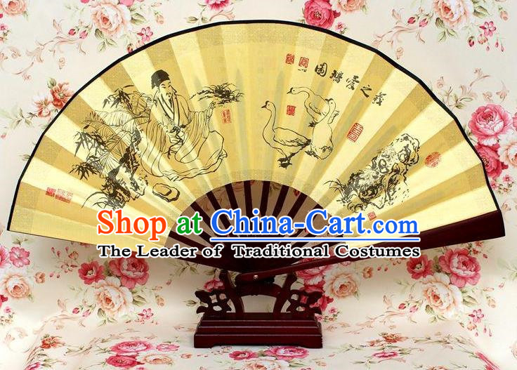 Traditional Chinese Crafts Peking Opera Folding Fan China Sensu Handmade Chinese Ink Painting Goose Silk Fan for Men