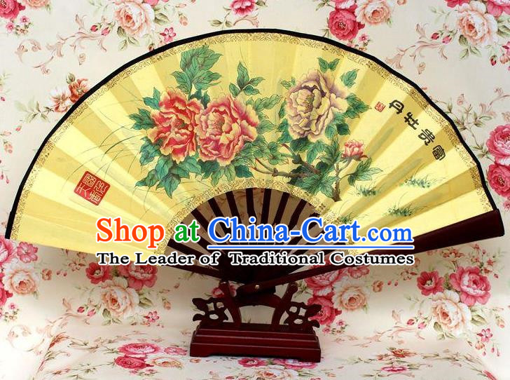 Traditional Chinese Crafts Peking Opera Folding Fan China Sensu Handmade Chinese Ink Painting Rich Peony Silk Fan for Men