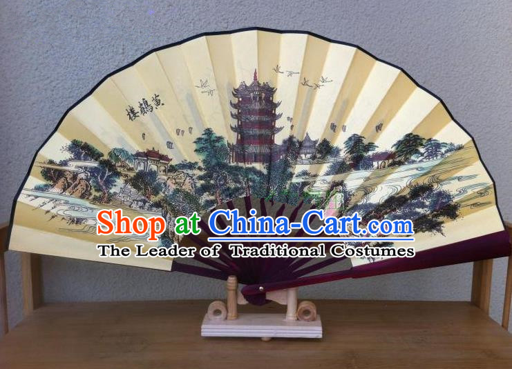 Traditional Chinese Crafts Peking Opera Folding Fan China Sensu Handmade Chinese Painting Yellow Crane Tower Silk Fan for Men