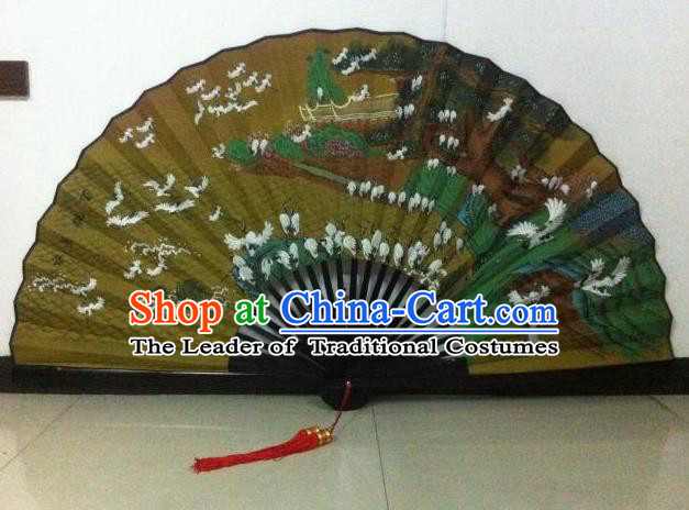 Traditional Chinese Crafts Peking Opera Folding Fan China Sensu Handmade Chinese Painting Crane Large Silk Fan for Men