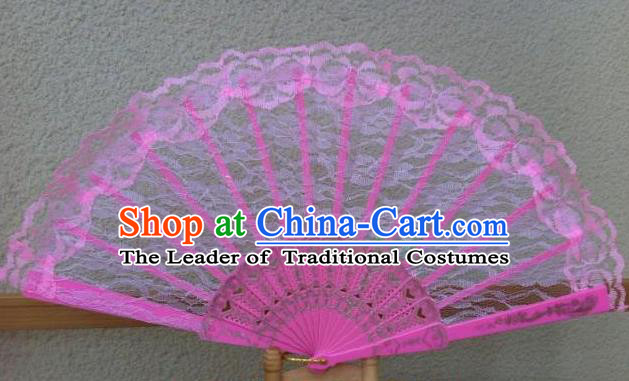 Traditional Chinese Crafts Peking Opera Folding Fan China Sensu Handmade Chinese Dance Pink Lace Fan for Women