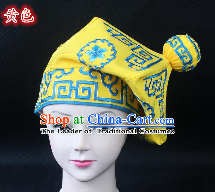 Traditional China Beijing Opera Takefu Hat, Ancient Chinese Peking Opera Martial Arts Men Headwear Embroidery Yellow Kerchief