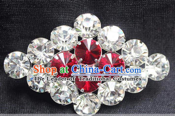 Traditional China Beijing Opera Young Lady Jewelry Accessories Collar Brooch, Ancient Chinese Peking Opera Hua Tan Diva Red Crystal Rhombus Breastpin