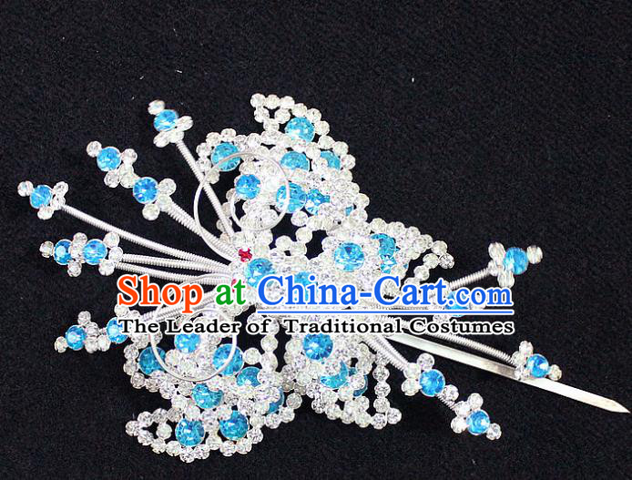 Traditional China Beijing Opera Young Lady Hair Accessories Tassel Step Shake, Ancient Chinese Peking Opera Hua Tan Headwear Diva Blue Crystal Empress Butterfly Hairpins