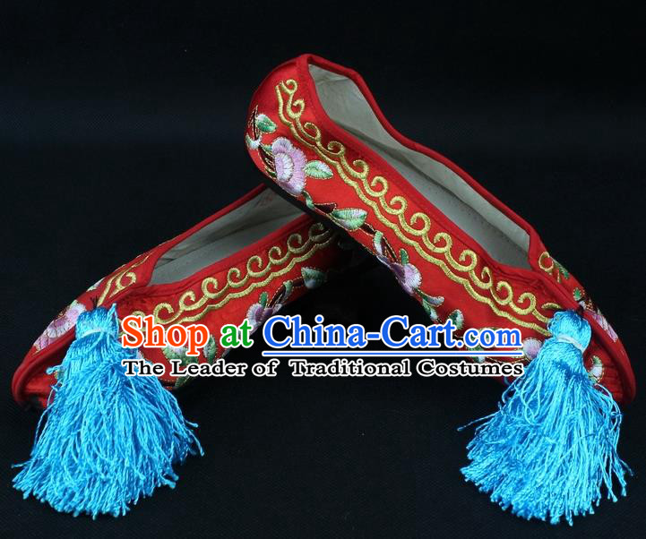 Traditional China Beijing Opera Hua Tan Embroidered Red Shoes, Ancient Chinese Peking Opera Young Lady Diva Princess Blood Stained Shoes