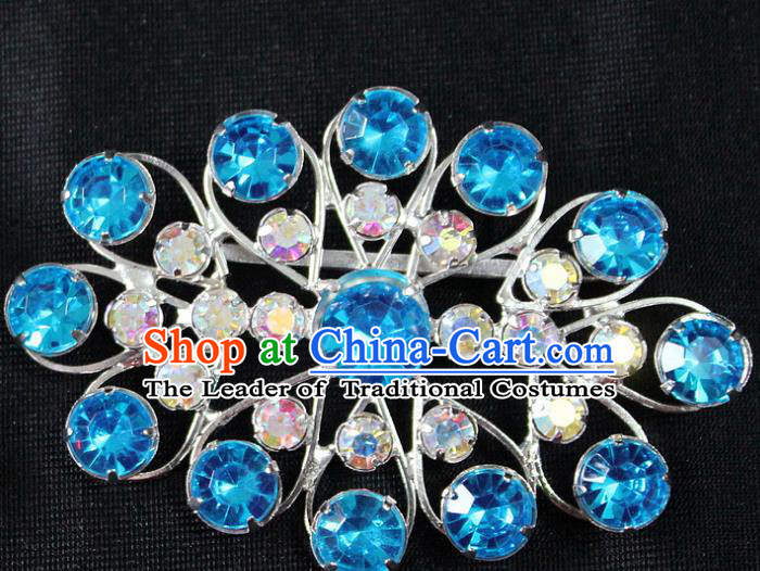 Traditional China Beijing Opera Young Lady Jewelry Accessories Blue Crystal Collar Brooch, Ancient Chinese Peking Opera Hua Tan Diva Blue Colorful Breastpin