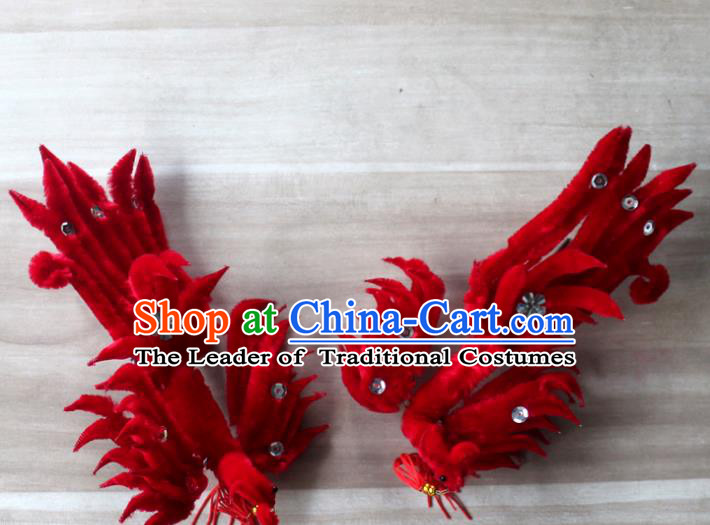 Traditional China Beijing Opera Young Lady Hair Accessories Red Lint Phoenix Step Shake, Ancient Chinese Peking Opera Hua Tan Headwear Diva Hairpins