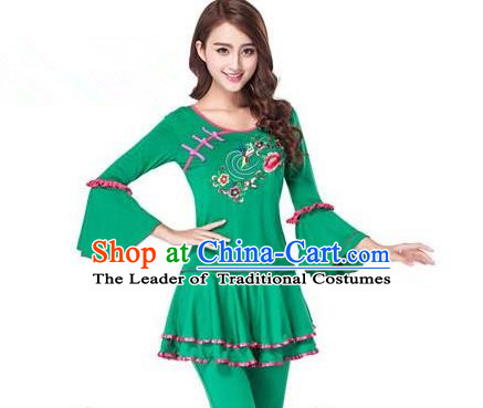 Traditional Chinese Classical Dance Yangge Fan Dance Green Embroidery Costume, Folk Dance Drum Dance Clothing Yangko Uniform for Women