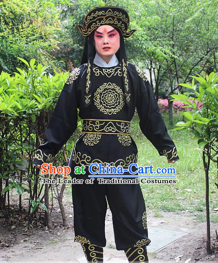 Traditional China Beijing Opera Costume Swordsman Takefu Embroidered Black Uniform and Headwear, Ancient Chinese Peking Opera Embroidery Warrior Clothing