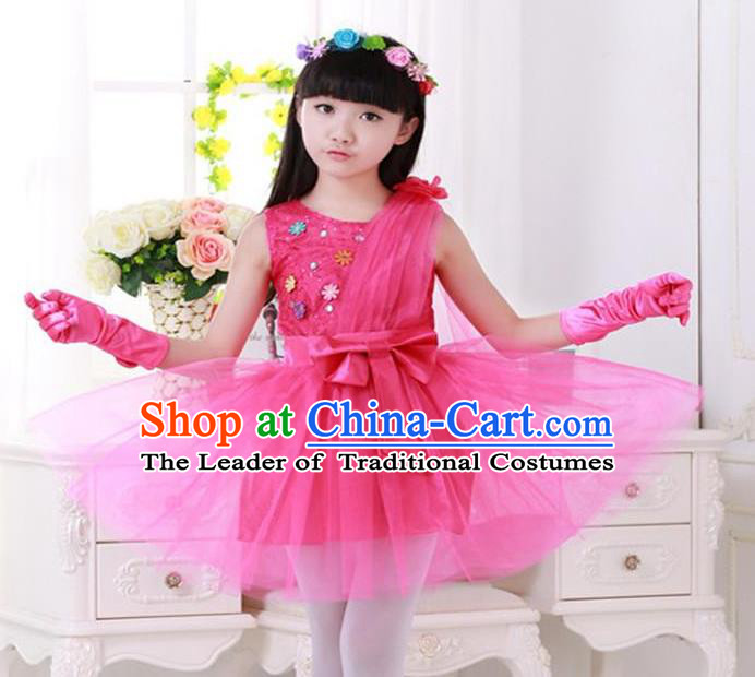 Top Grade Chinese Compere Professional Performance Catwalks Costume, Children Princess Rosy Veil Bubble Dress Modern Dance Dress for Girls Kids