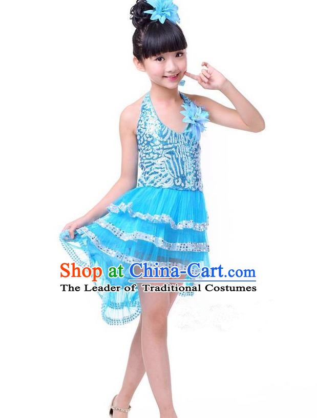 Top Grade Chinese Compere Professional Performance Catwalks Costume, Children Blue Bubble Dress Modern Dance Dress for Girls Kids