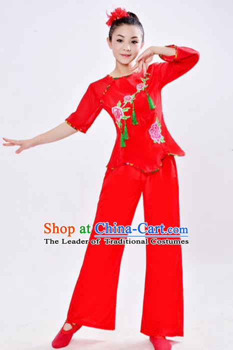 Traditional Chinese Classical Dance Yangge Fan Dance Embroidery Peony Costume, Folk Dance Drum Dance Clothing Yangko Uniform for Women