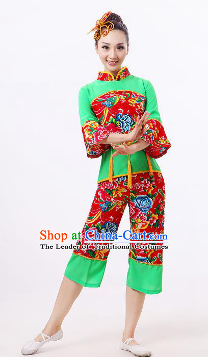 Traditional Chinese Classical Dance Yangge Fan Dance Green Costume, Folk Dance Waist Drum Dance Clothing Yangko Uniform for Women