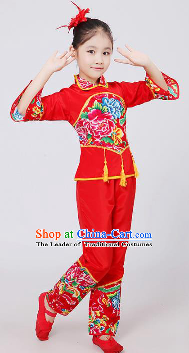 Traditional Chinese Classical Dance Yangge Fan Dance Printing Peony Red Costume, Folk Dance Waist Drum Dance Clothing Yangko Uniform for Kids