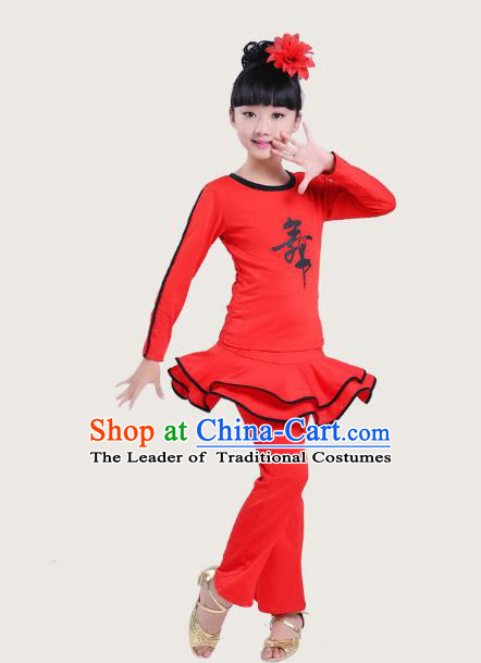 Top Grade Chinese Compere Professional Performance Catwalks Costume, Children Latin Dance Red Uniform Modern Dance Dress for Girls Kids