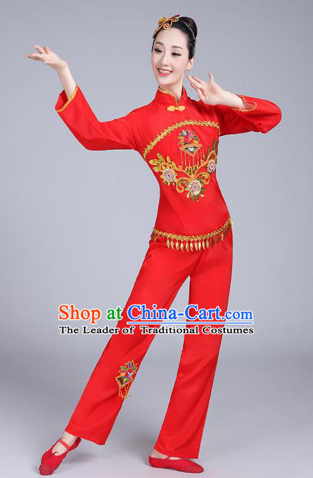 Traditional Chinese Classical Dance Yangge Fan Dance Embroidery Costume, Folk Dance Drum Dance Clothing Yangko Red Uniform for Women