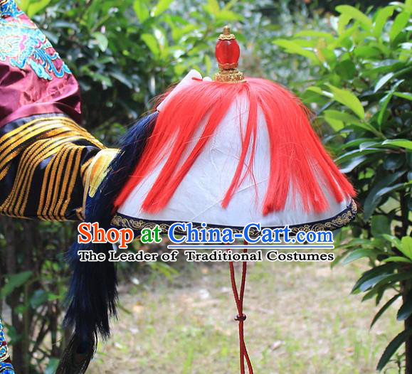 Traditional China Beijing Opera Officer Minister Hat, Ancient Chinese Peking Opera Qing Dynasty Manchu Eunuch Headwear Flowers Ling