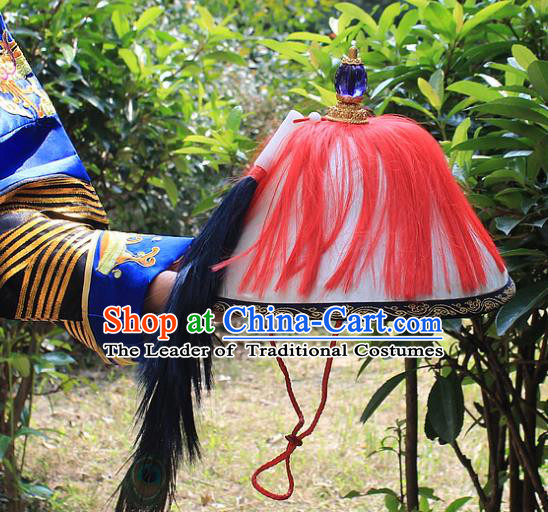 Traditional China Beijing Opera Officer Minister Hat, Ancient Chinese Peking Opera Qing Dynasty Manchu Eunuch Headwear Flowers Ling