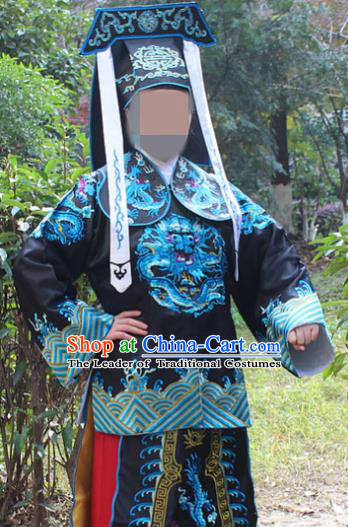 Traditional China Beijing Opera Takefu Costume Imperial Bodyguard Black Embroidered Robe and Hat, Ancient Chinese Peking Opera Embroidery Gwanbok Clothing