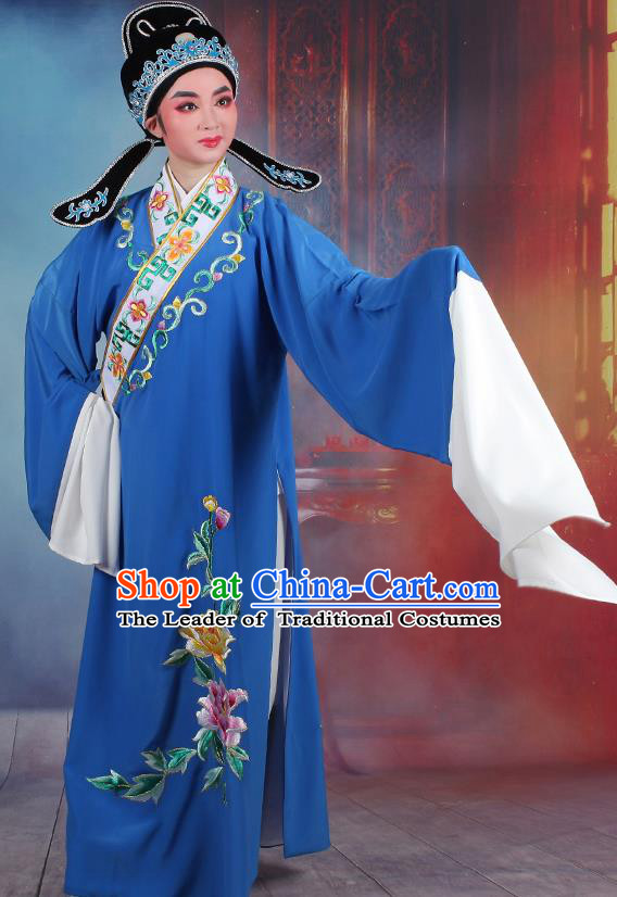 Traditional China Beijing Opera Young Men Costume Lang Scholar Royalblue Embroidered Robe, Ancient Chinese Peking Opera Niche Embroidery Clothing