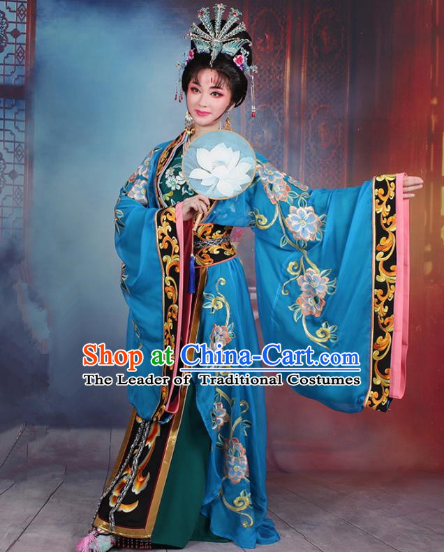 Traditional China Beijing Opera Young Lady Hua Tan Costume Princess Blue Embroidered Cape, Ancient Chinese Peking Opera Diva Embroidery Dress Clothing