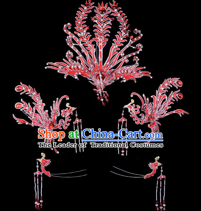 Traditional China Beijing Opera Young Lady Hair Accessories Phoenix Head-ornaments Complete Set, Ancient Chinese Peking Opera Hua Tan Headwear Diva Red Headpiece