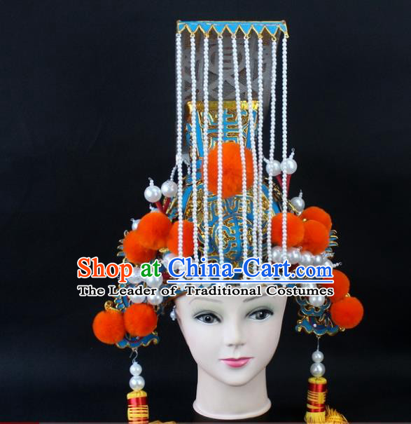 Traditional China Beijing Opera Qin Dynasty Emperor Tassel Hat, Ancient Chinese Peking Opera First Emperor of Qin Crown Headwear