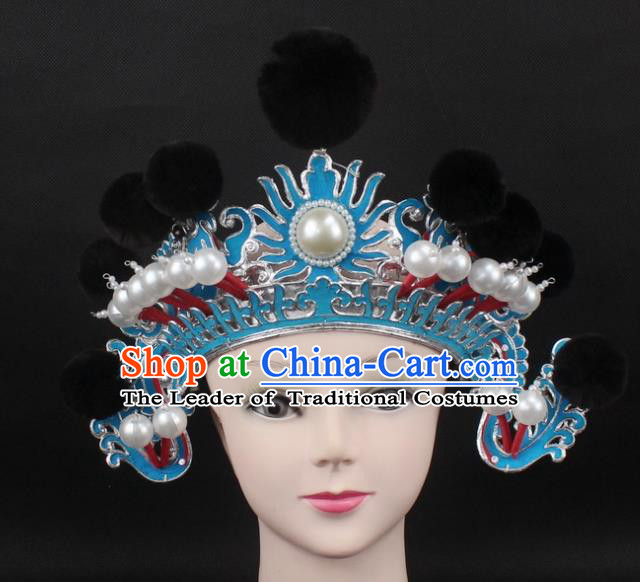 Traditional China Beijing Opera Hair Accessories Black Venonat General Hat, Ancient Chinese Peking Opera Takefu Helmet Headwear