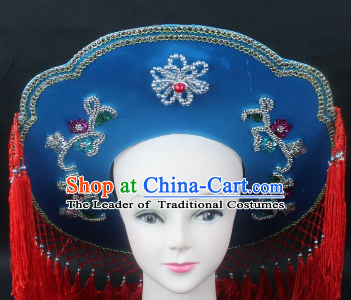 Traditional China Beijing Opera Hair Accessories Fisher-Woman Red Veil Hat, Ancient Chinese Peking Opera Swordplay Helmet Headwear